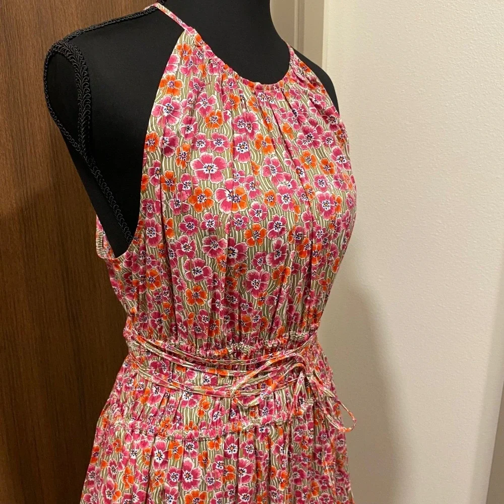 J. CREW Pink Floral Tie-Waist Halter Midi Dress L Liberty Ellie Organic Cotton